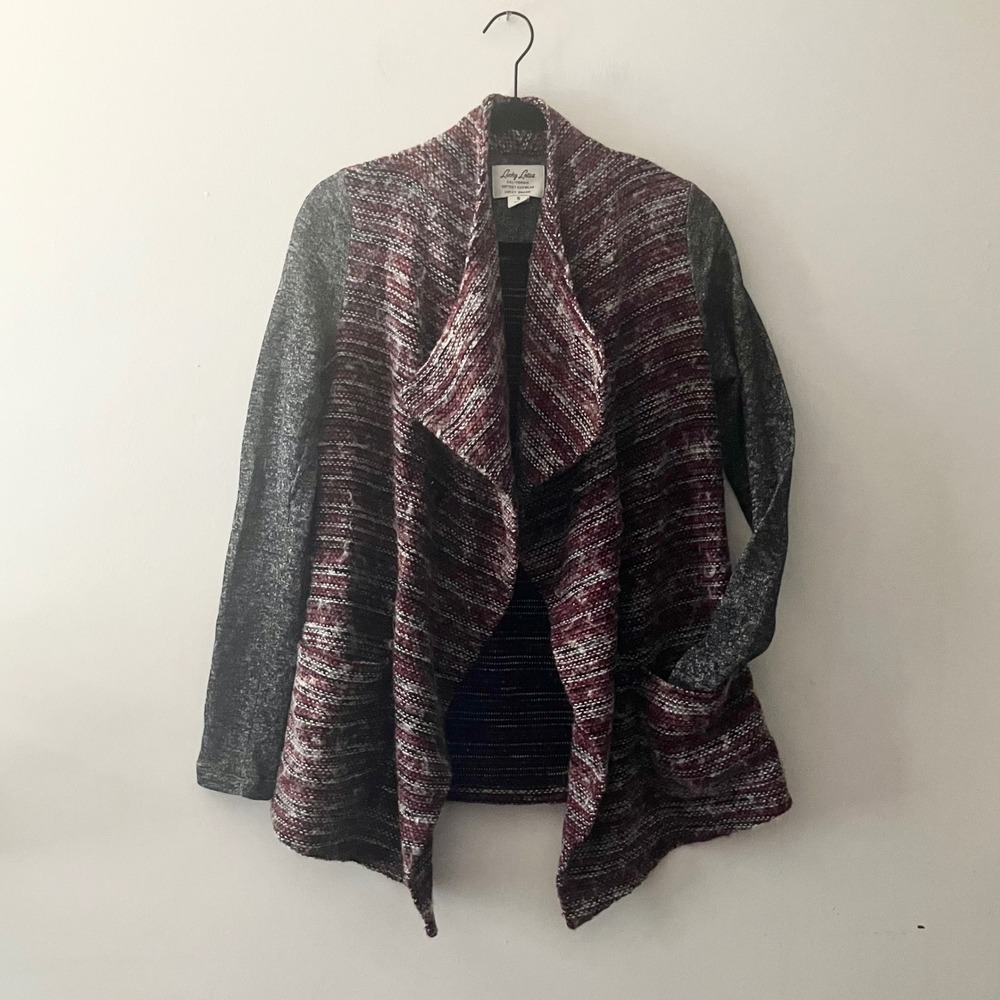 Lucky Lotus Lucky Brand Womens Small Burgundy Mixed Media Waterfall Cardigan S